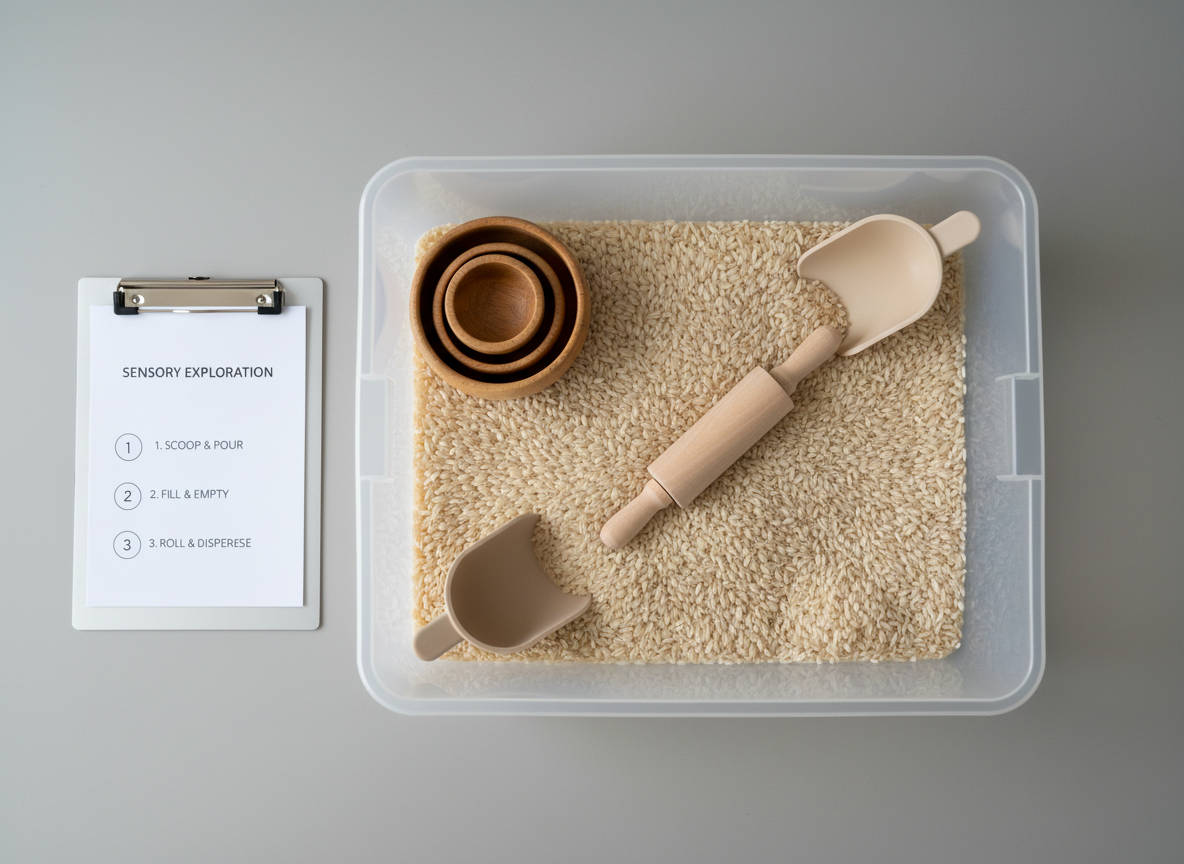 A structured sensory bin setup on a matte, light-gray tabletop, featuring a shallow, transparent plastic bin filled with uniform, ivory-colored dry rice. Inside, neutral-toned silicone scoops, small wooden bowls, and a smooth, natural-wood rolling pin are symmetrically placed, each tool clearly visible. A laminated instruction card with concise text and icons lies beside the bin, clipped to a slim metal clipboard. Soft, diffused overhead lighting provides even brightness with gentle shadows around each object, creating a calm and methodical mood. Photographic realism, shot from a slightly elevated, top-down angle with sharp focus throughout, emphasizing organization, clarity, and a professional, educational feel.