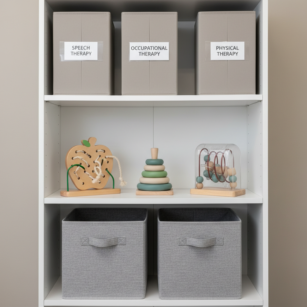 A clean therapy-room bookshelf styled as a parent resource station, with three shelves of carefully spaced items. The top shelf holds a row of neutral-colored binders labeled for speech, occupational, and physical therapy, each with a subtle matte finish. The middle shelf displays a small range of developmentally appropriate toys: a wooden lacing board, interlocking disks, and a simple cause-and-effect toy in muted tones. The bottom shelf features two matching fabric bins in soft gray. The shelves are built from smooth white laminate against a pale taupe wall. Soft, indirect overhead lighting casts minimal shadows, creating a composed, professional atmosphere. Photographic realism, straight-on composition, with balanced symmetry and a corporate, organized aesthetic suited to an early intervention resource guide.