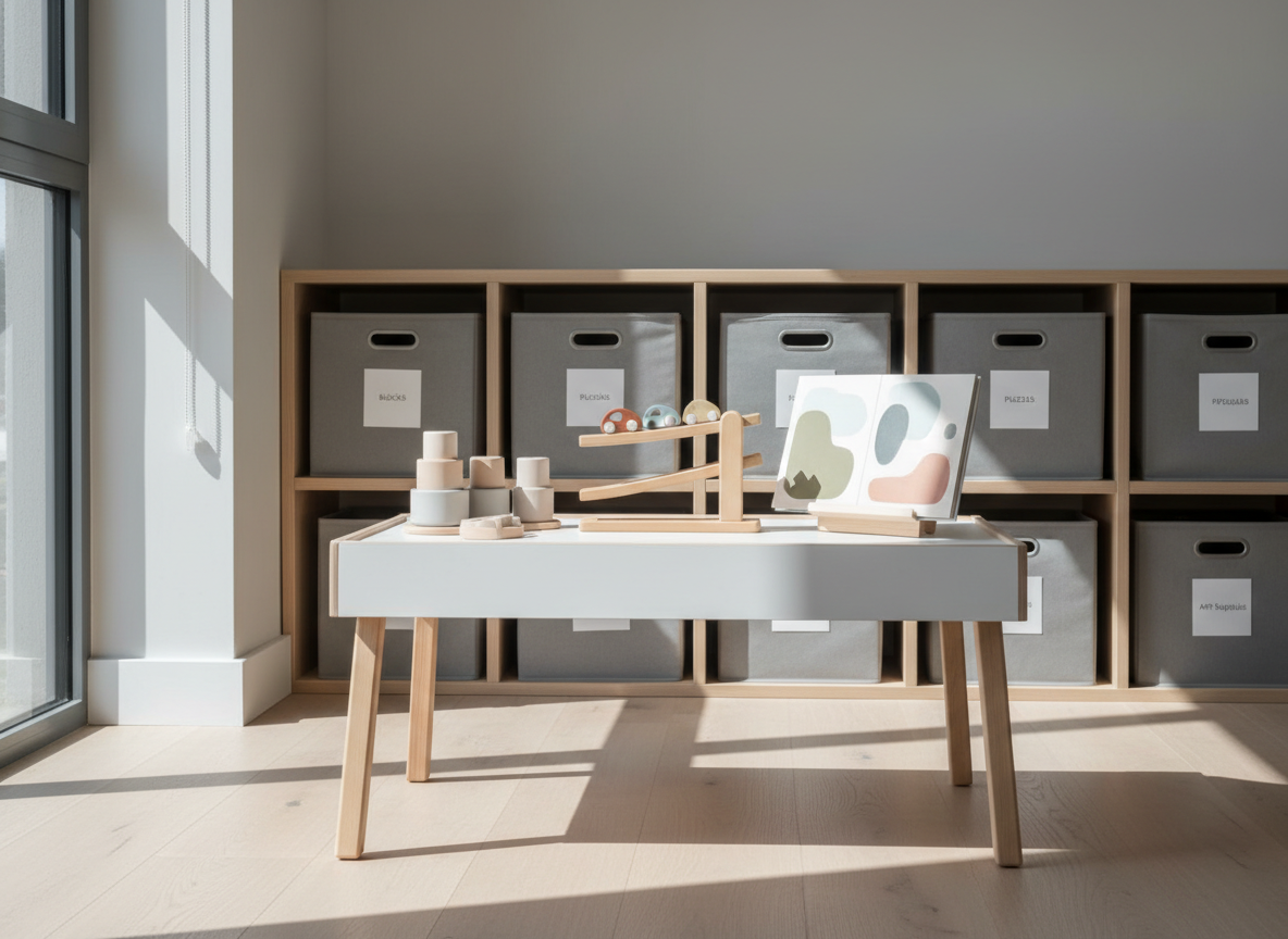 A modern living room corner adapted for purposeful play, showcasing a low, rectangular play table with a smooth white surface and light-wood legs. On the table sits a neatly arranged set of early learning toys: a neutral-colored nesting cup set, a wooden ramp racer, and a simple picture book stand holding a board book with a calm, muted cover. Behind, a modular storage unit with labeled bins in soft gray and beige lines the wall. Natural afternoon light streams in from a large side window, creating long, soft shadows and a serene, organized atmosphere. Photographic realism, eye-level composition, with crisp focus and a clean, corporate-inspired home aesthetic.