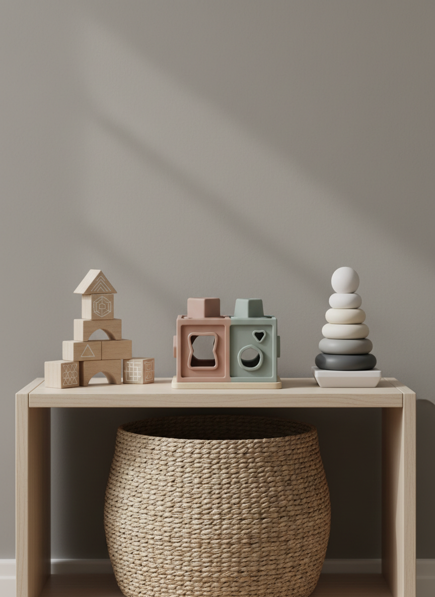 A neatly arranged selection of educational toys displayed on a low, light-wood shelf with clean, simple lines. A set of neutral-toned wooden blocks, a textured silicone shape sorter in muted pastels, and a monochrome stacking ring tower sit in organized clusters, each with subtle surface details and soft edges. The shelf stands against a smooth, warm gray wall, with a woven storage basket tucked below. Diffused daylight from an unseen window casts gentle, even light, creating soft shadows and a calm, professional mood. Photographic realism, shot at eye level with balanced composition and moderate depth of field, emphasizing clarity and structure in a modern, corporate-inspired nursery environment.