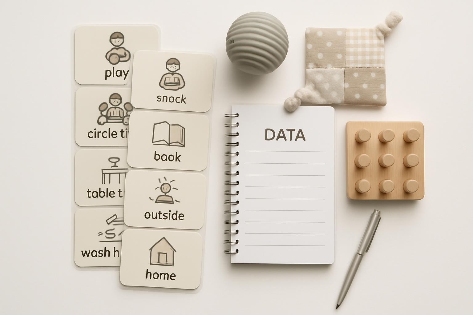 A carefully curated flat lay of early intervention resources on a smooth white background. A set of laminated visual schedule cards with simple icons in muted colors is arranged alongside a compact, spiral-bound data tracking notebook and a sleek silver pen. Nearby, a small selection of tactile toys—a ribbed sensory ball, soft fabric crinkle square in neutral patterns, and a wooden pegboard—adds texture and depth. Soft studio lighting from above creates even illumination with barely-there shadows, conveying clarity and order. The mood is organized and reassuring, with photographic realism and a structured, grid-like composition that feels professional and aligned with an educational resource guide.