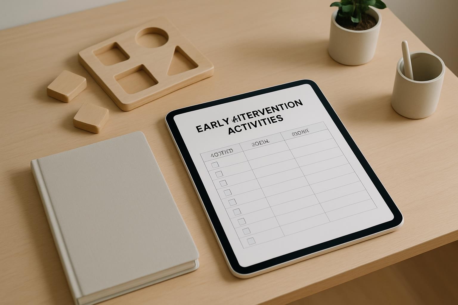 A minimalist workspace for planning early intervention activities, featuring a matte white tablet displaying a structured activity checklist beside a closed light-gray notebook with a fine linen texture. Smooth wooden toy puzzles with simple geometric cutouts rest nearby, organized on a pale oak desk with sharp, clean edges. A neutral-toned ceramic pen holder and a small, understated indoor plant in a white pot sit in the background. Soft, indirect daylight from the left creates subtle highlights and refined shadows, reinforcing a composed, professional atmosphere. Photographic realism, shot from a slightly elevated angle with a clear focal point on the tablet, using balanced composition and shallow depth of field for a clean, corporate aesthetic.